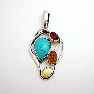 Sterling Pendant with Amber and Turquoise